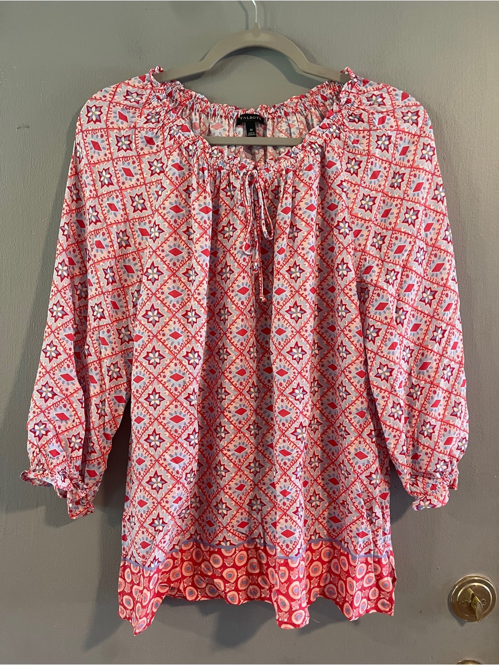 Talbots Rayon Summer Boho Blouse Red White Blue Size M